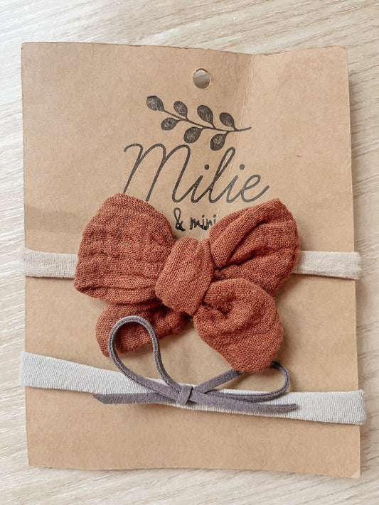 Duo boucles sur bandeau de nylon - *Milie&mini* Mousseline rouille + bandeau gris et suède